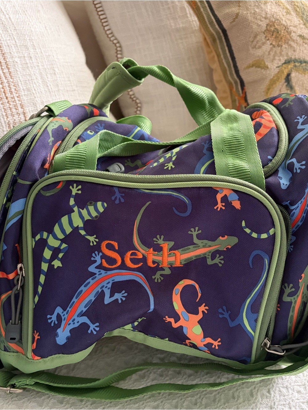 Pottery Barn Kids SETH gecko print duffle bag